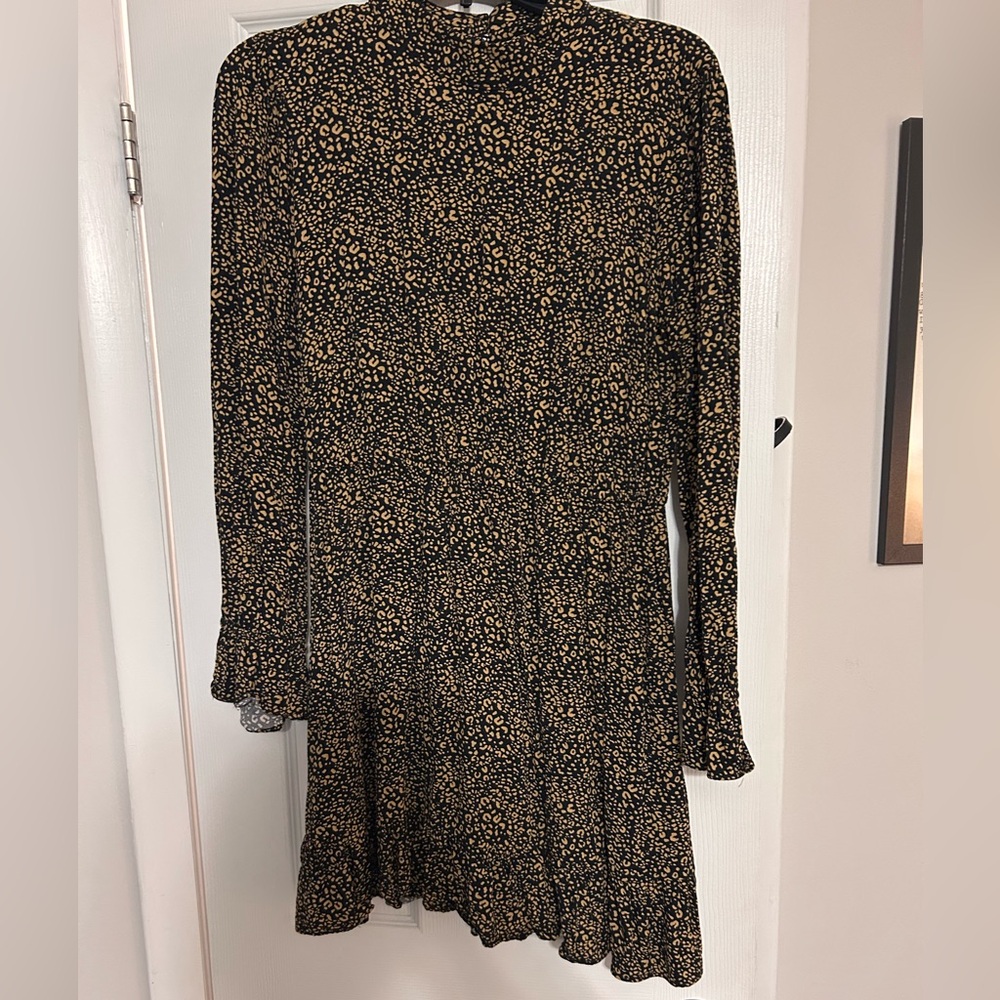 POPSUGAR Tan and Black A-line Long Sleeve Bishop Sleeve Mock Neck Dress